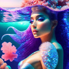 Surreal portrait of woman merged with vibrant underwater scene