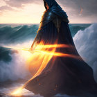 Cloaked figure with glowing sword by dramatic shore sunset