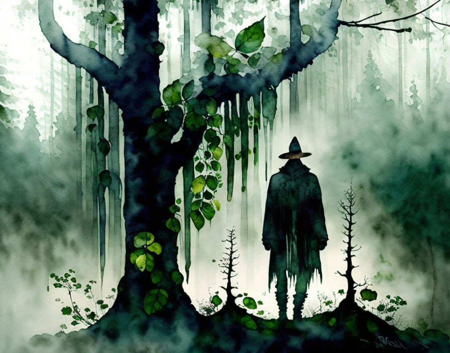 Mysterious figure in hat in foggy forest with tree & moss