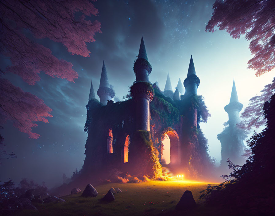 Enchanting castle covered in ivy under twilight sky in mystical forest