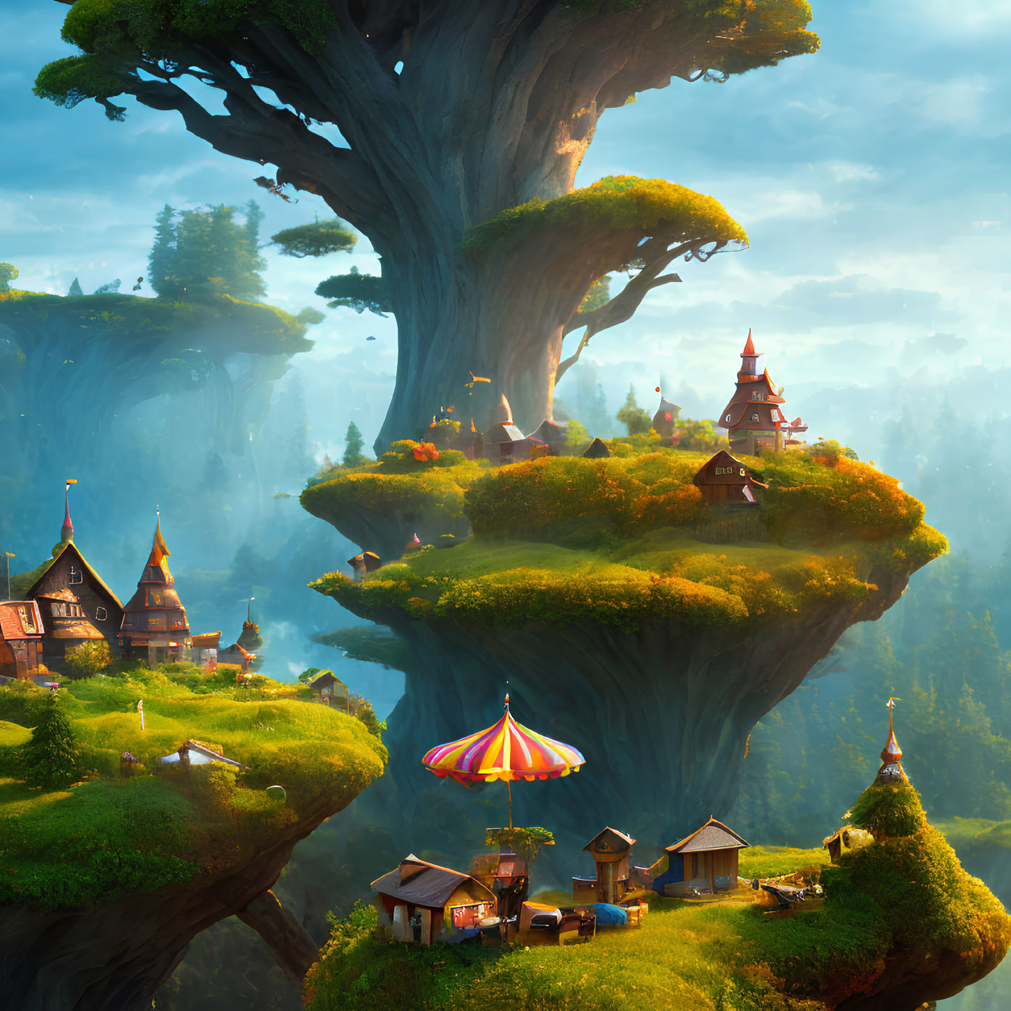 Towering Trees and Floating Islands in Serene Fantasy Landscape