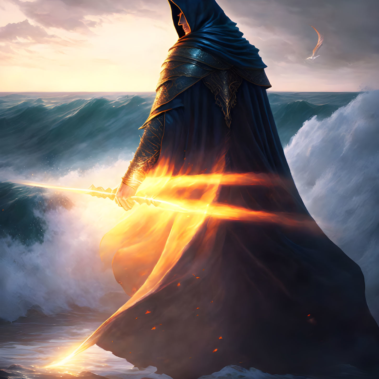 Cloaked figure with glowing sword by dramatic shore sunset