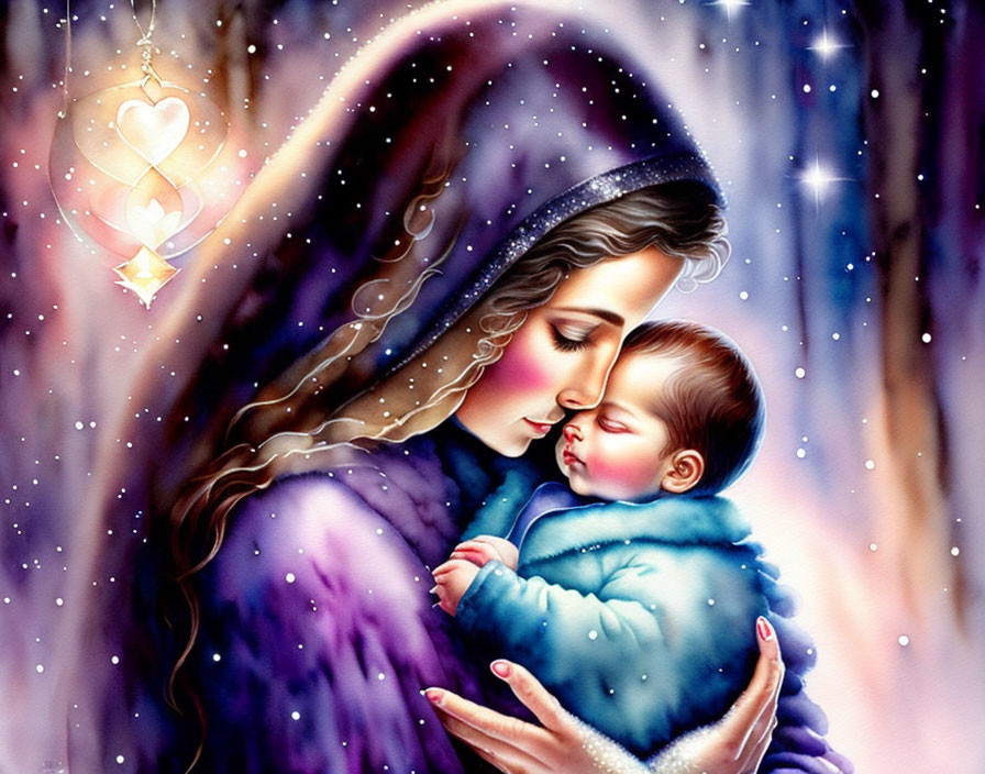 Mother holding sleeping infant in wintry starlit scene with glowing pendant