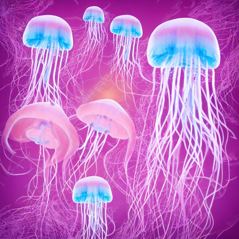 Bioluminescent jellyfish with long tentacles on purple backdrop