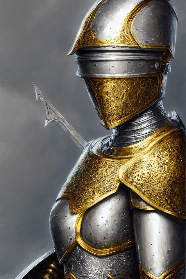 Silver and Gold Armored Knight with Etched Sword on Grey Background