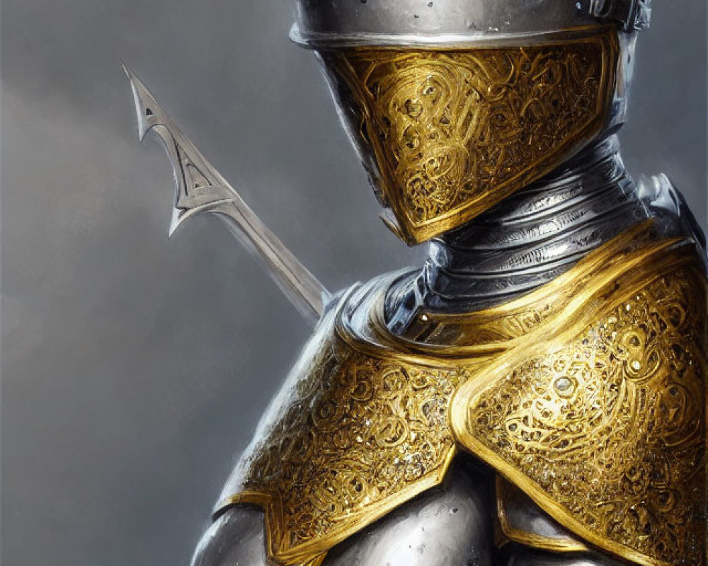 Silver and Gold Armored Knight with Etched Sword on Grey Background