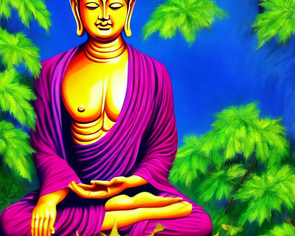 Colorful Illustration of Meditating Figure in Purple Robes