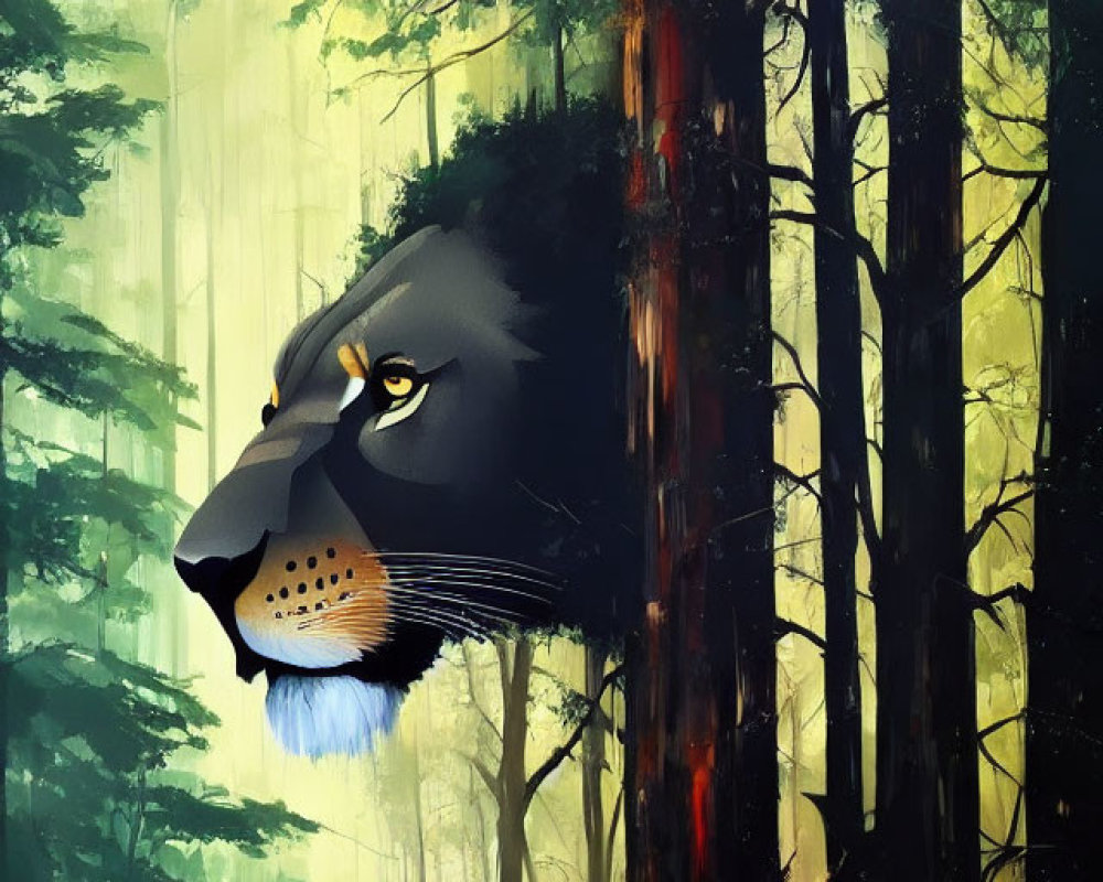 Surreal artwork: oversized panther face in misty forest with small human figure