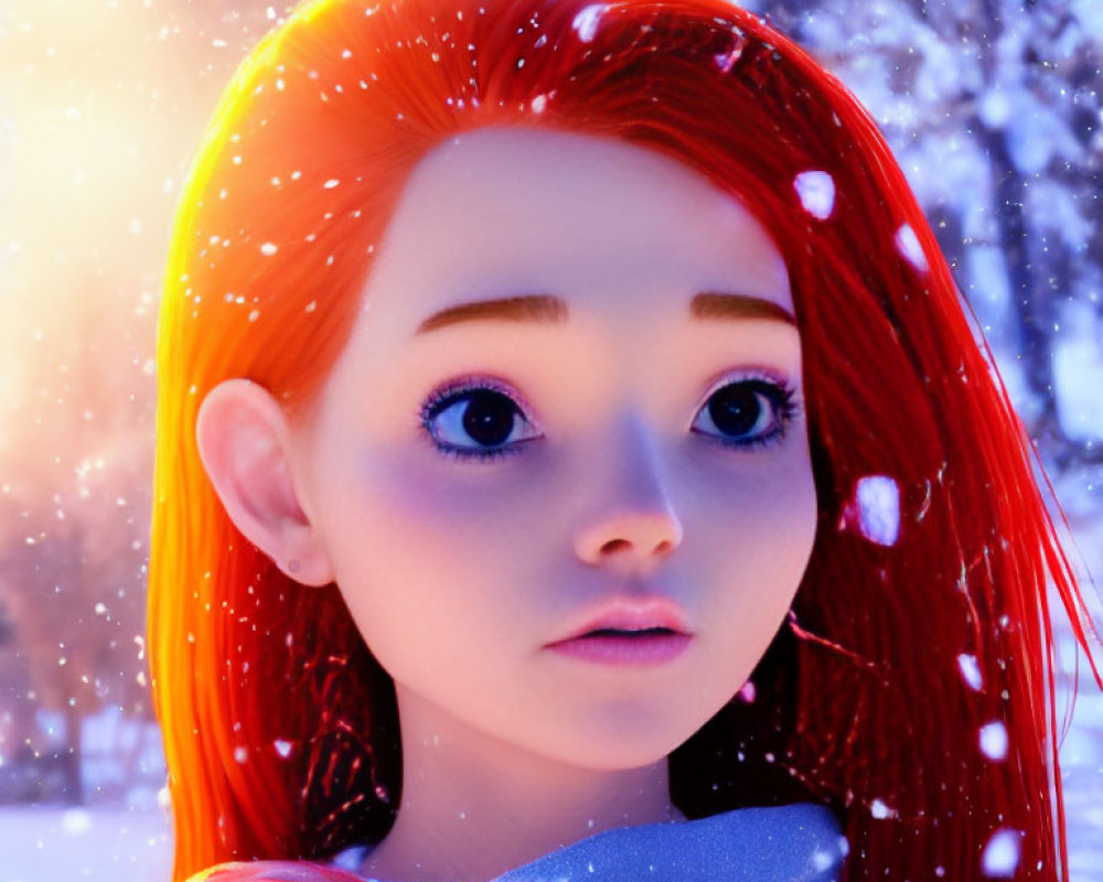 Vibrant red-haired 3D character in snowy scene