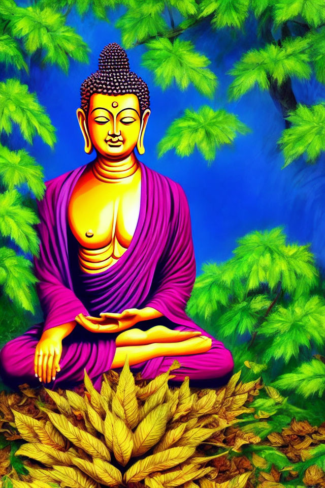 Colorful Illustration of Meditating Figure in Purple Robes