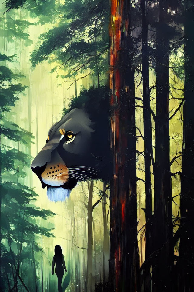 Surreal artwork: oversized panther face in misty forest with small human figure