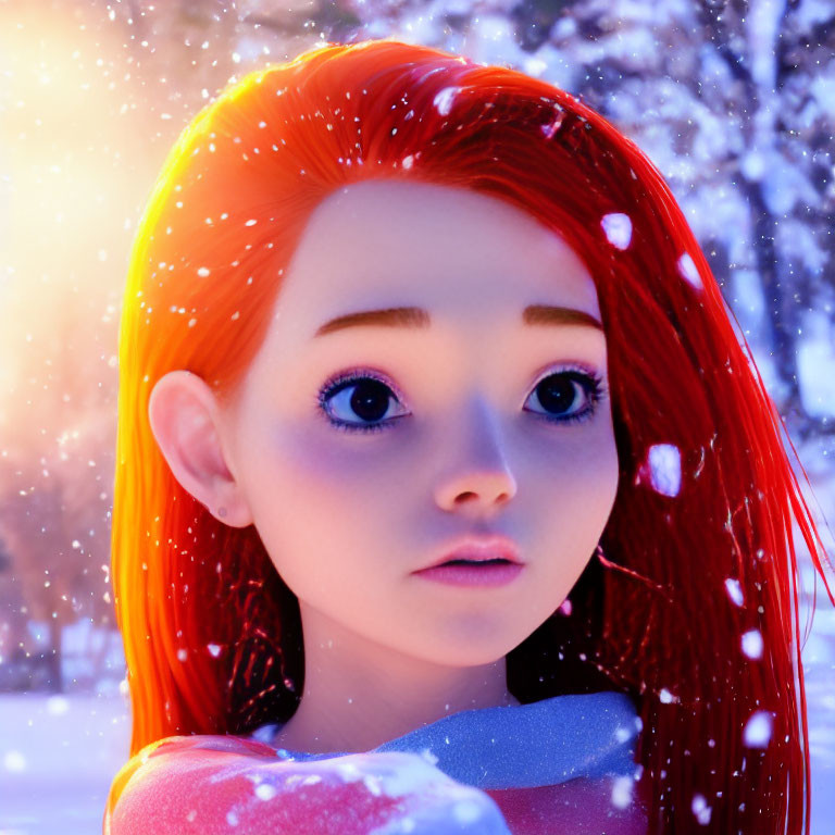 Vibrant red-haired 3D character in snowy scene