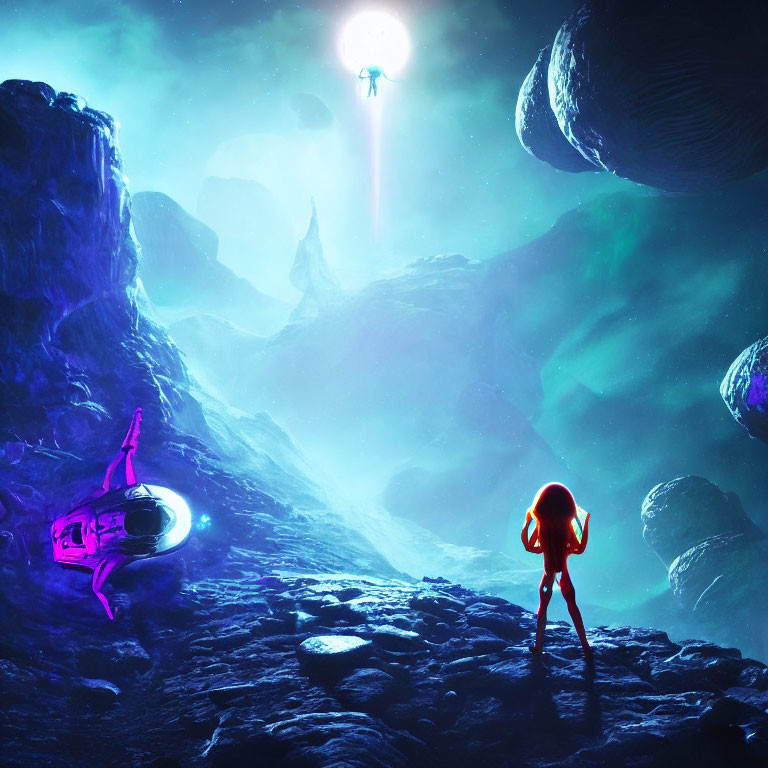 Silhouetted figure on rocky alien surface gazes at spacecraft and planets