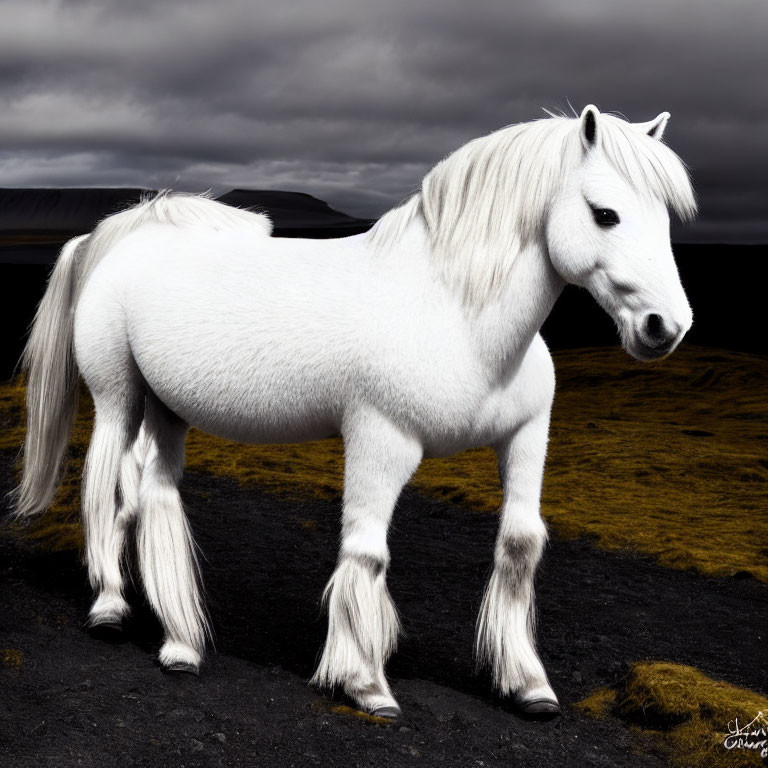 White Horse with Thick Mane and Feathered Hooves in Dark Landscape