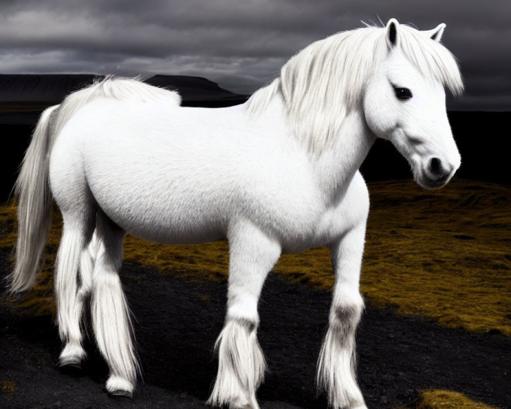 White Horse with Thick Mane and Feathered Hooves in Dark Landscape