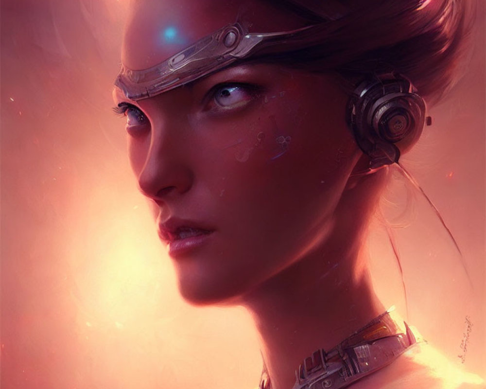 Futuristic close-up of female with illuminated cybernetic eye-piece