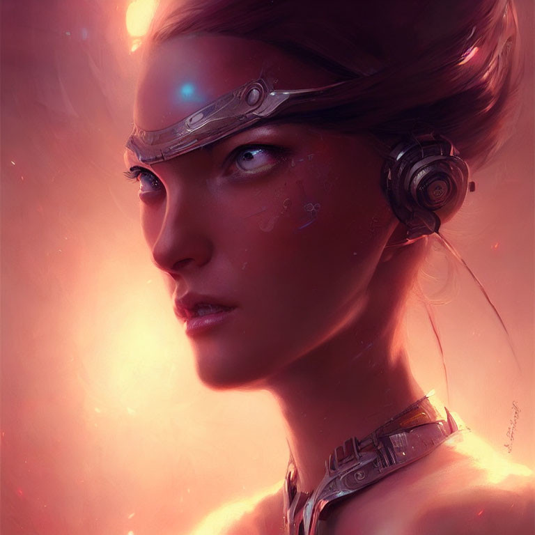 Futuristic close-up of female with illuminated cybernetic eye-piece