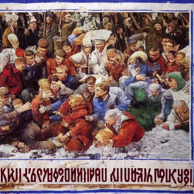 Crowded Distressed People in Painting with Cyrillic Text