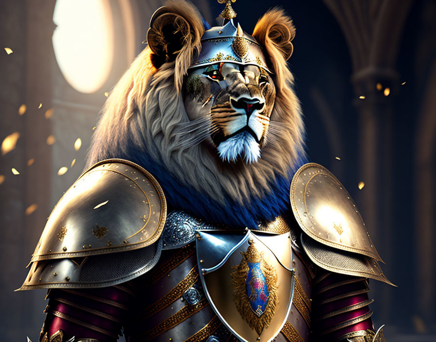 Anthropomorphic lion in medieval armor with blue cape against glowing backdrop