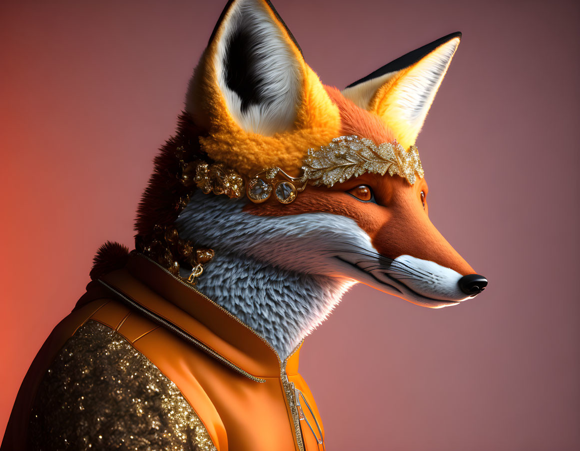 Stylized 3D illustration: Fox in elegant jewelry and golden attire