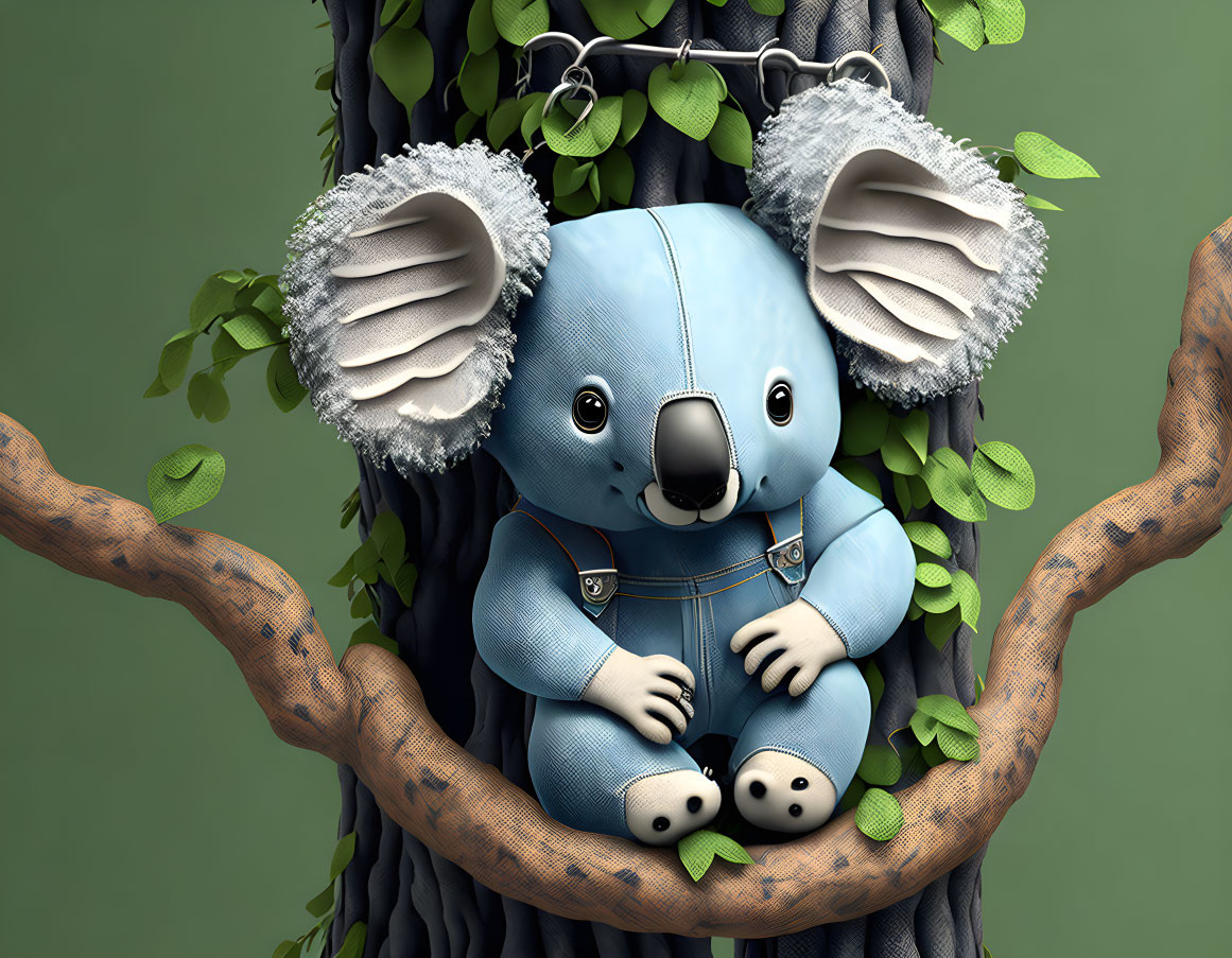 Detailed blue koala illustration hugging tree