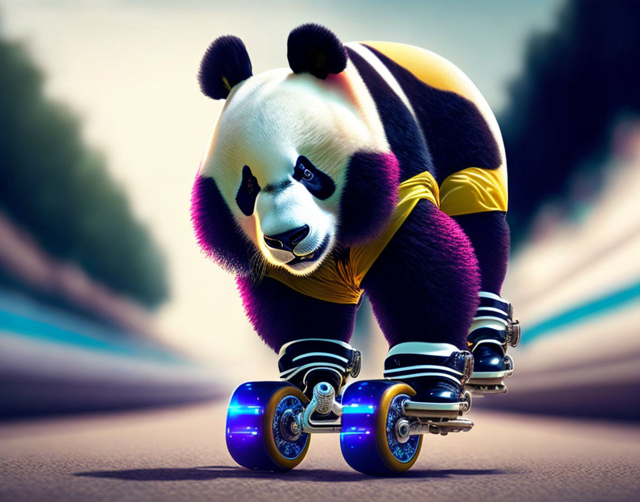 Panda roller skating in yellow top and black shorts