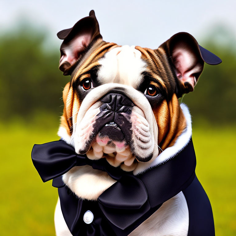 Bulldog in Black Tuxedo with Bow Tie on Green Background