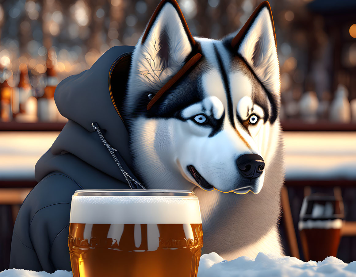 Blue-eyed animated husky in jacket with beer glass in snowy scene