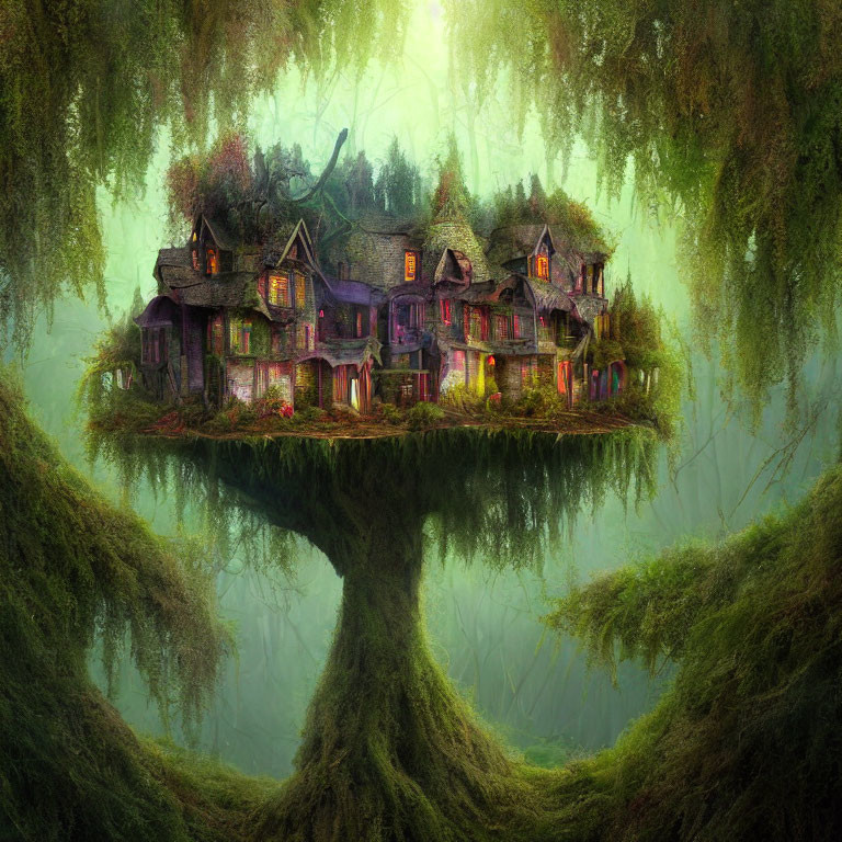 Enchanting tree with whimsical village in mystical forest