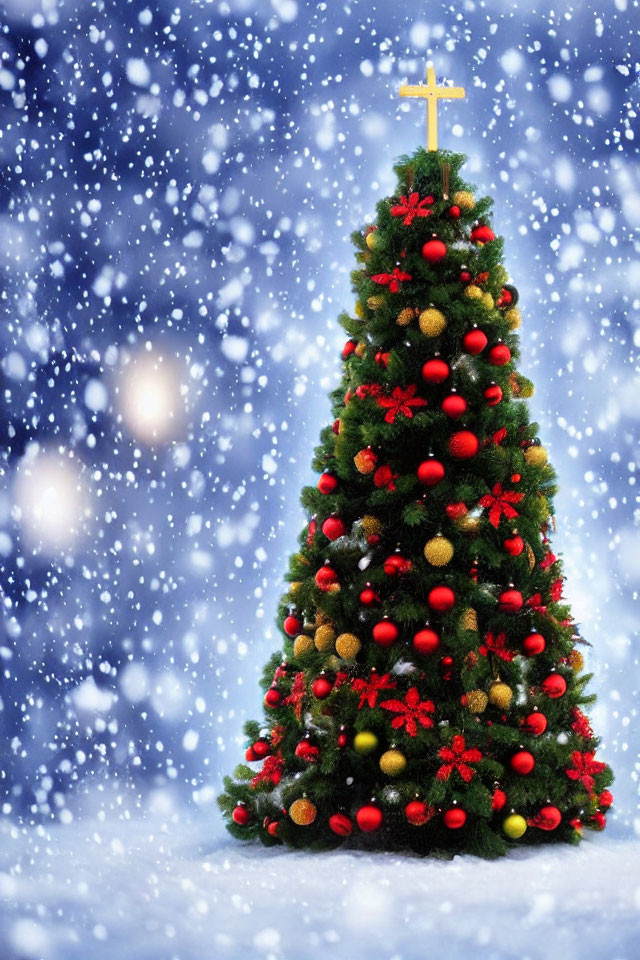 Decorated Christmas tree with red and gold ornaments and golden star on snowy backdrop