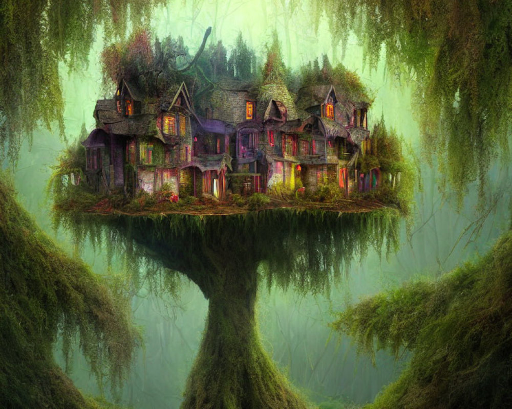 Enchanting tree with whimsical village in mystical forest