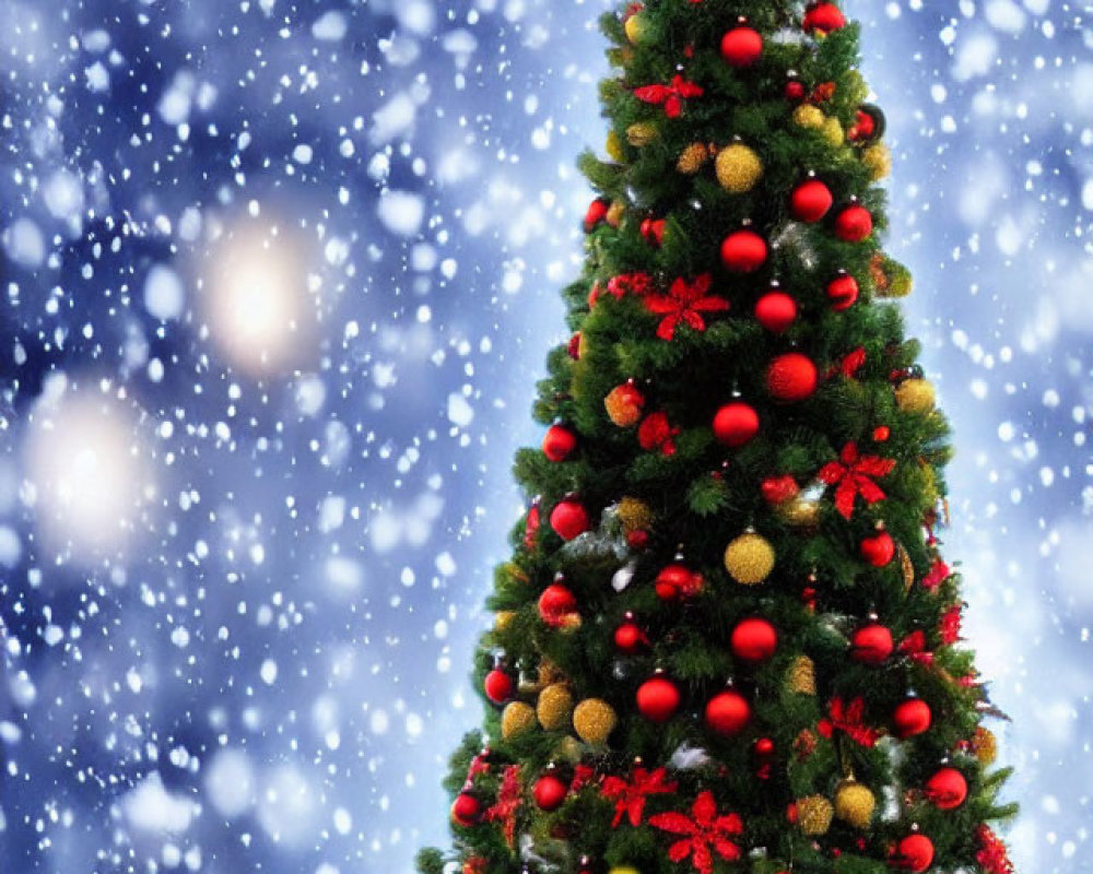 Decorated Christmas tree with red and gold ornaments and golden star on snowy backdrop