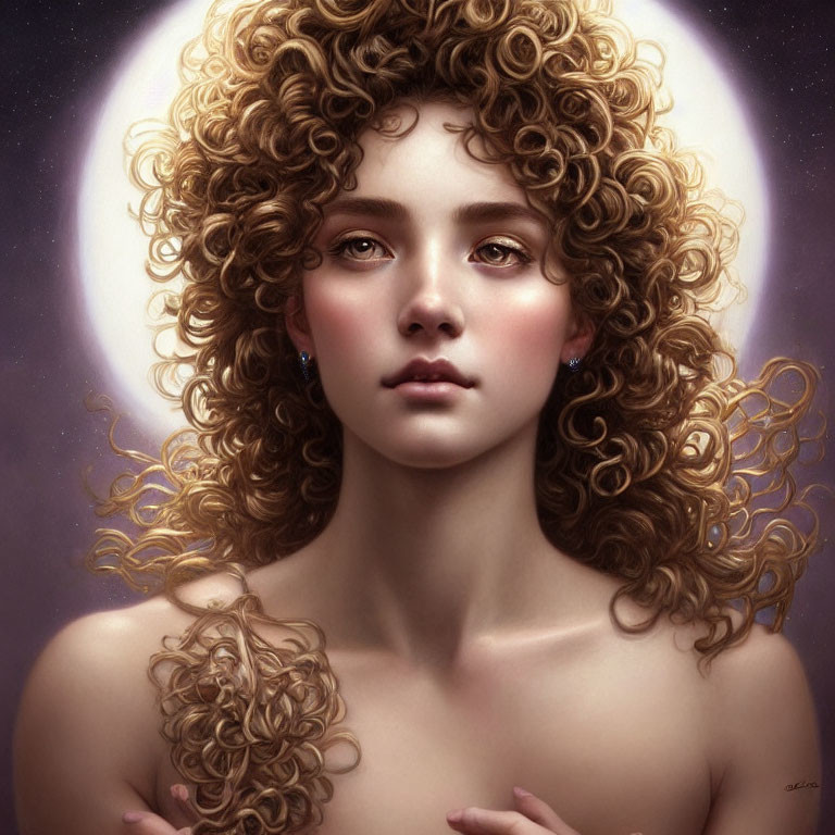 Portrait of woman with voluminous curly hair against moonlit background