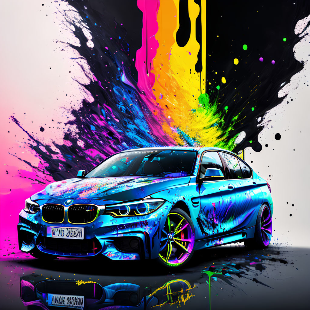 Colorful Digital Art of Blue BMW with Neon Paint Splashes