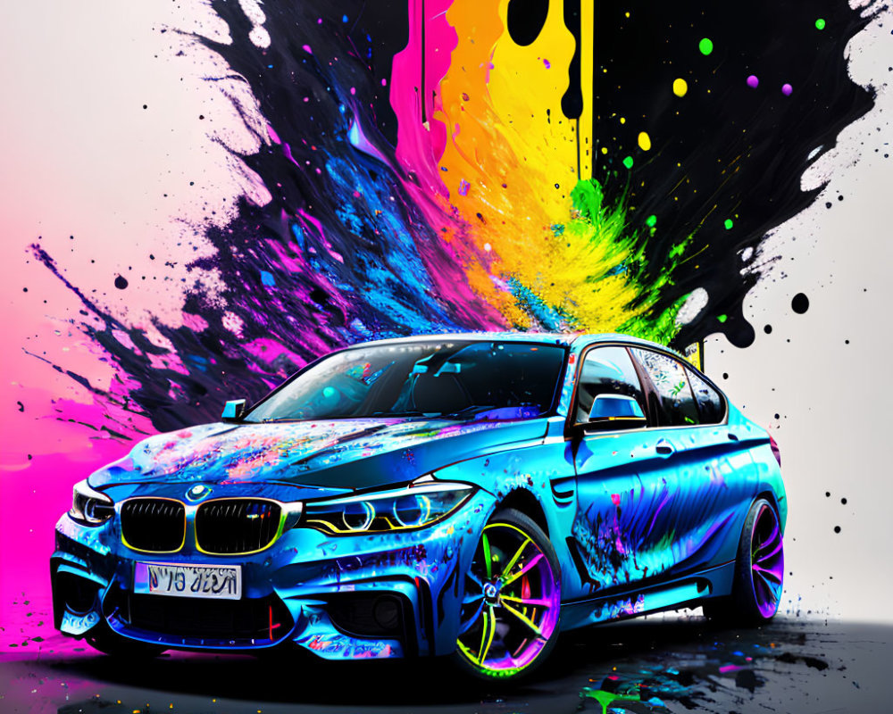 Colorful Digital Art of Blue BMW with Neon Paint Splashes