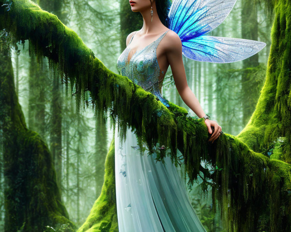 Woman with iridescent butterfly wings in lush forest setting