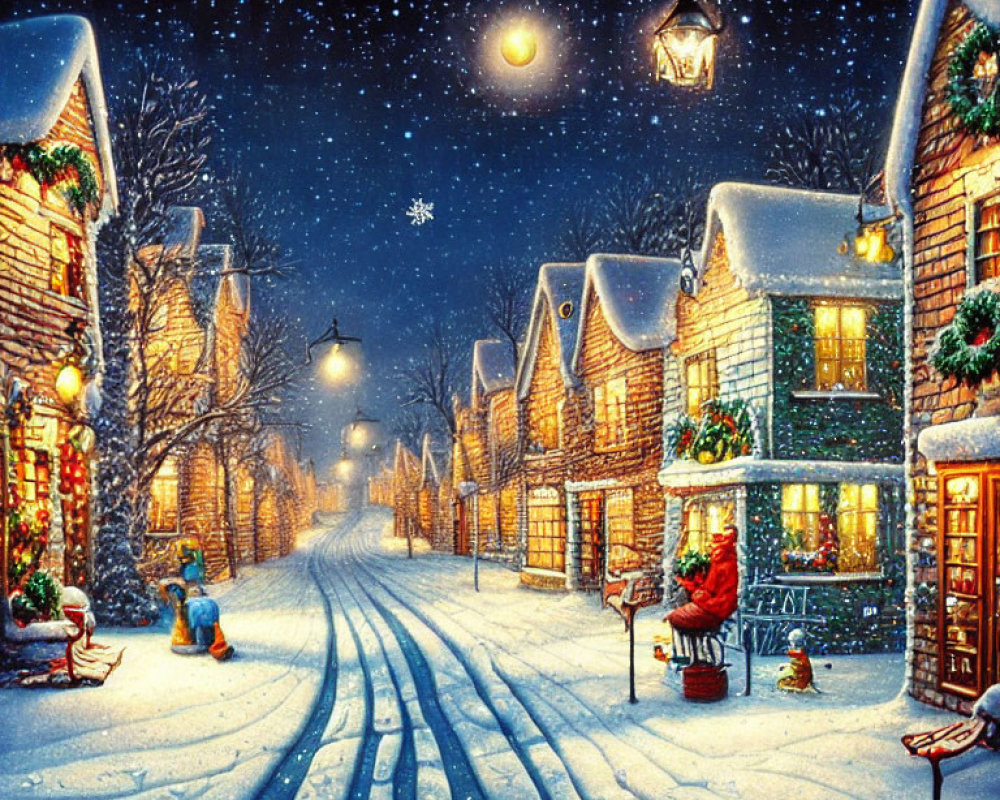 Snow-covered winter village scene at night with glowing street lamps and lone figure under starry sky