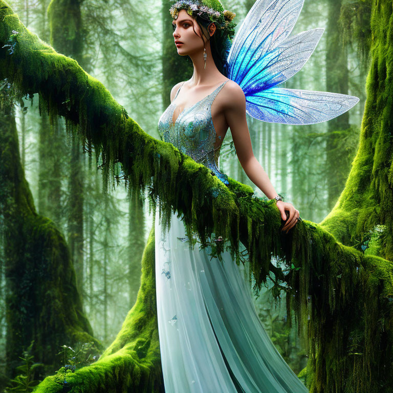 Woman with iridescent butterfly wings in lush forest setting