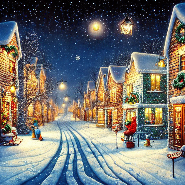 Snow-covered winter village scene at night with glowing street lamps and lone figure under starry sky