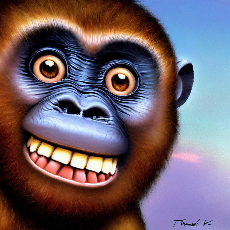 Detailed close-up of a smiling monkey with bright orange eyes in digital art.