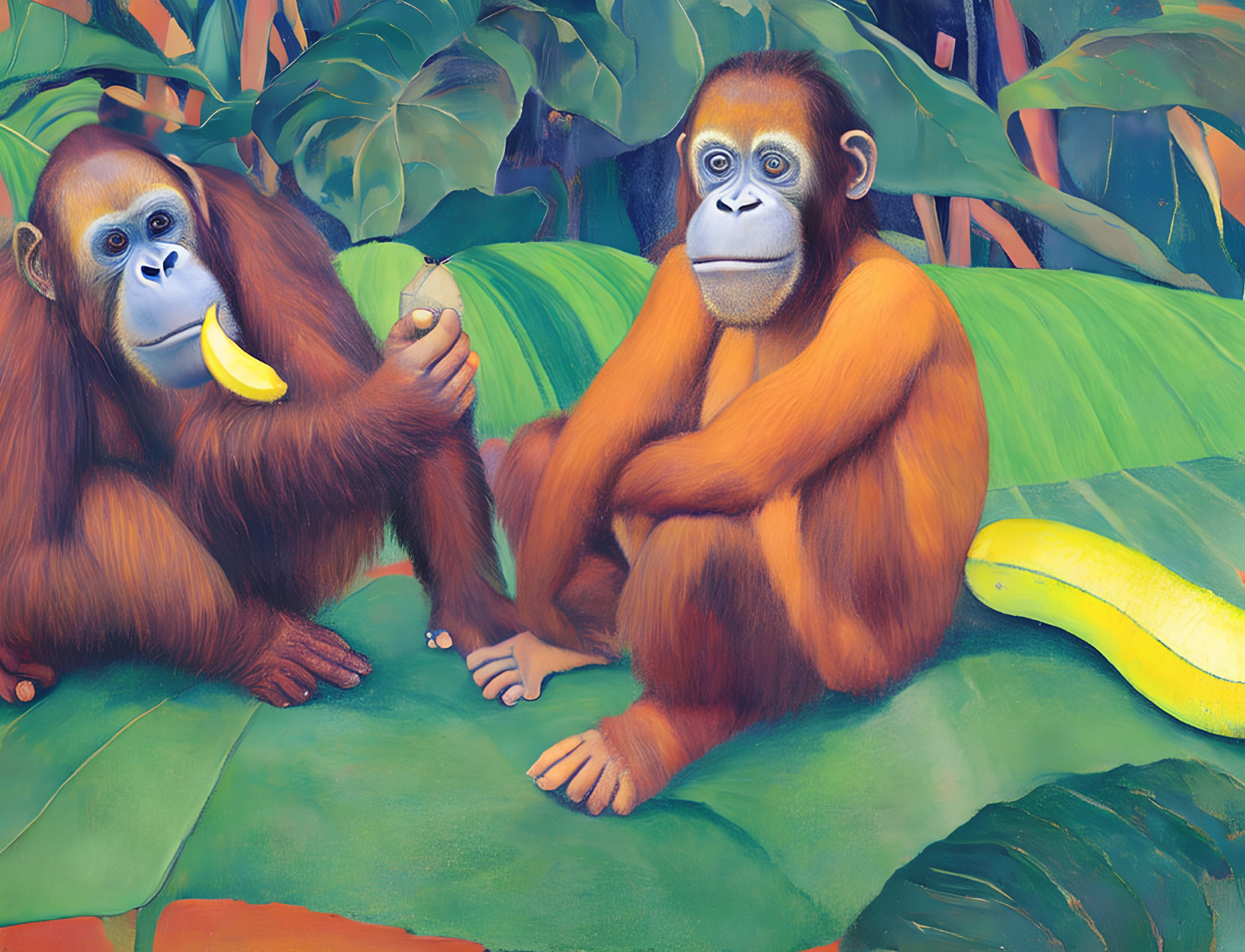 Illustrated orangutans with banana and green leaves in background