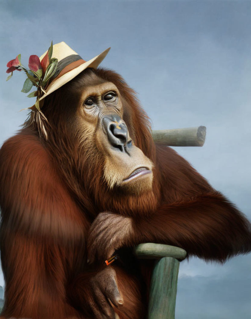 Contemplative orangutan in straw hat with flowers, holding bamboo stick on blue-grey background