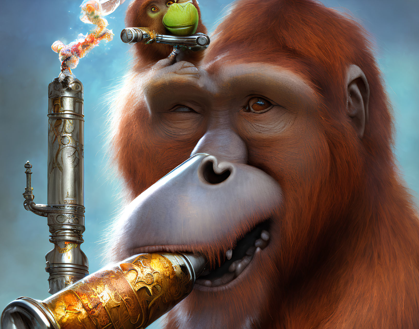 Orangutan illustration with metallic pipe and chameleon, smoke rising