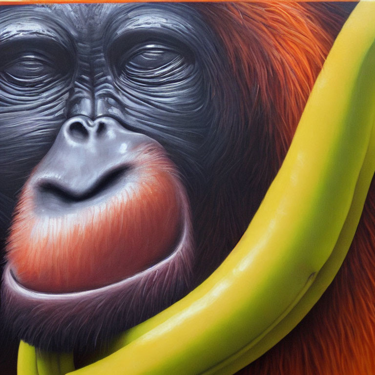 Orangutan with thoughtful expression and orange fur, beside a yellow object