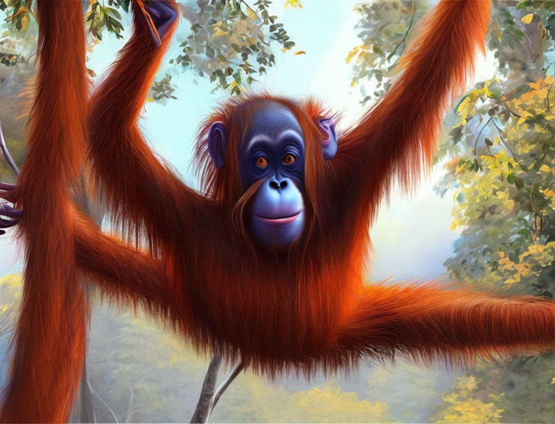 Colorful illustration: Smiling orangutan in vibrant forest