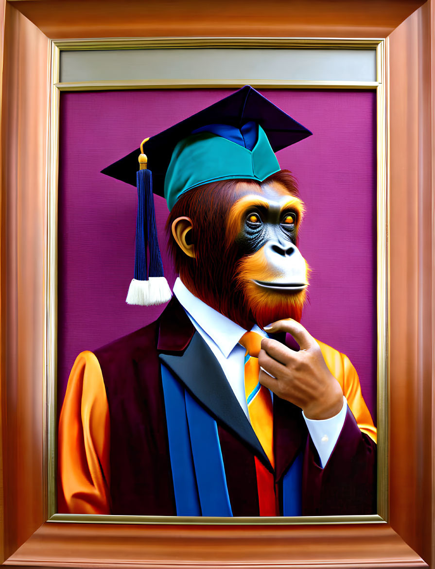 Portrait of Orangutan in Graduation Attire on Wall