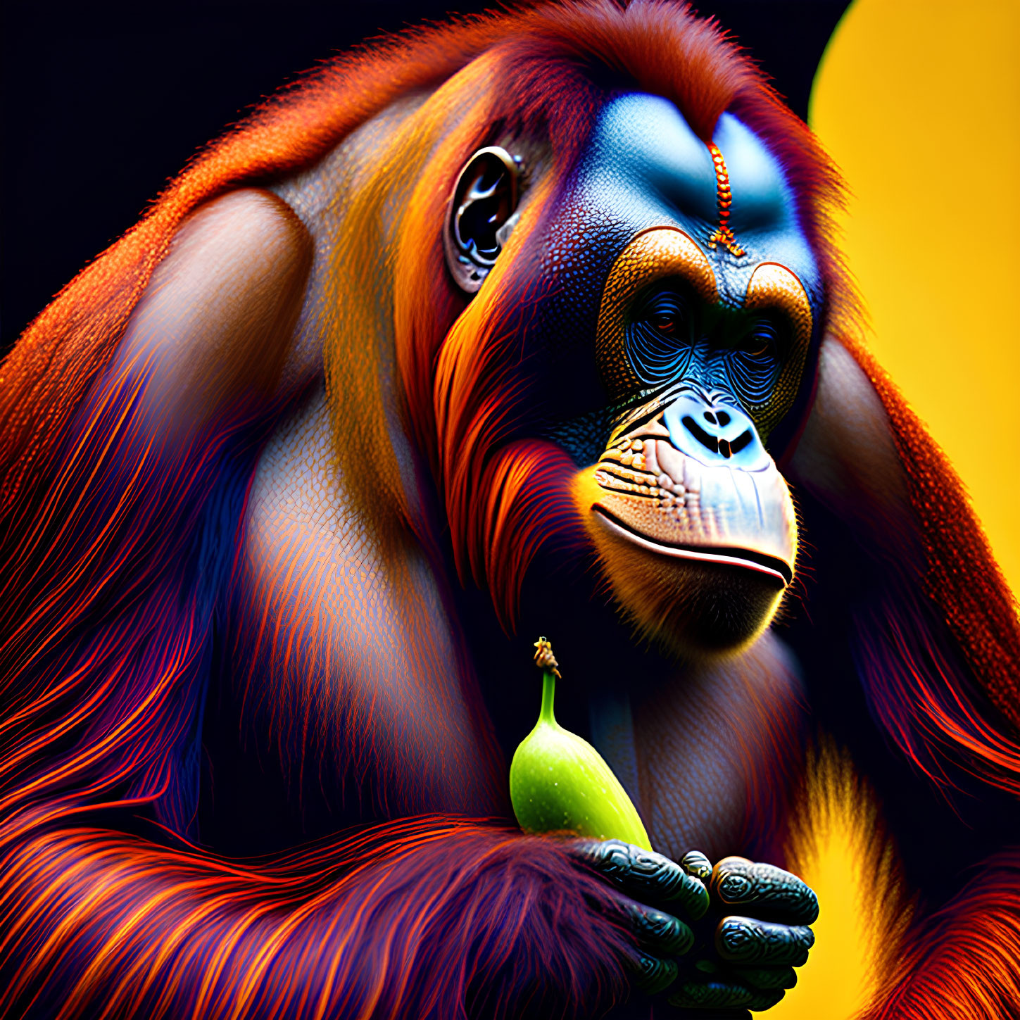 Vibrant orangutan with blue facial features holding a banana on dark background