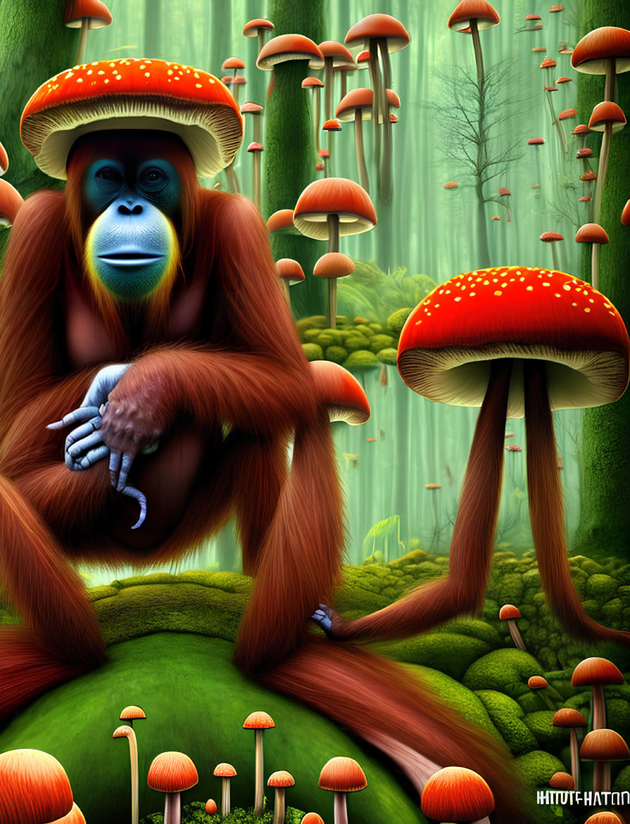 Blue-faced orangutan among red mushrooms in lush forest