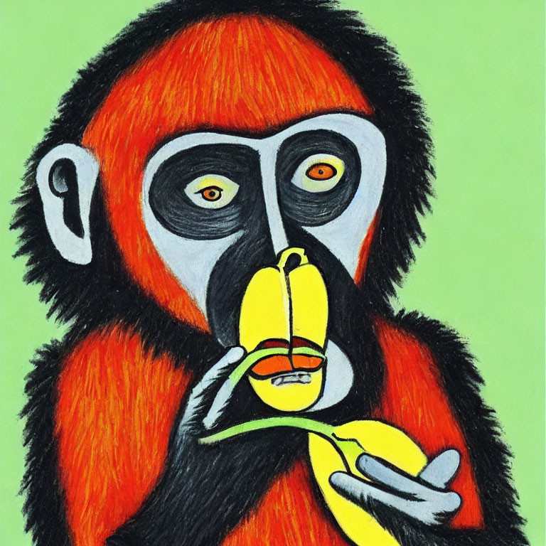 Red and Black Monkey Eating Banana on Green Background