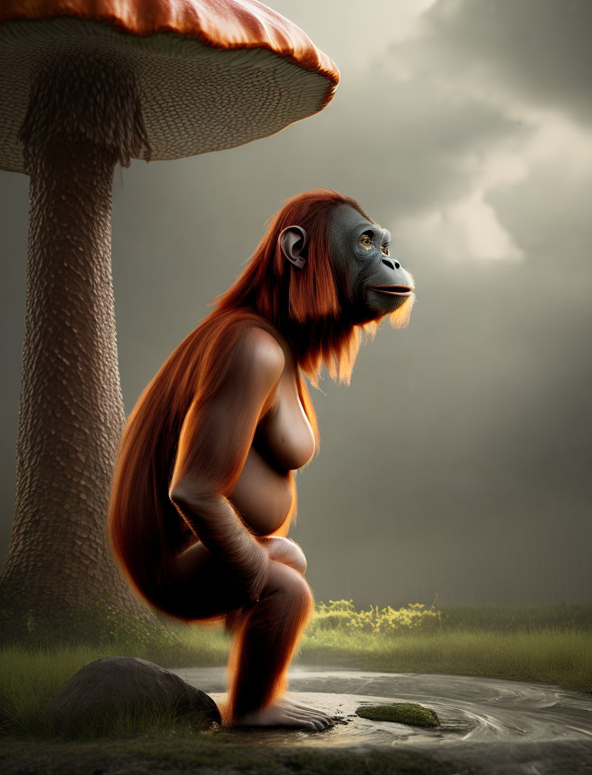 Anthropomorphic orangutan under giant mushroom in stormy sky